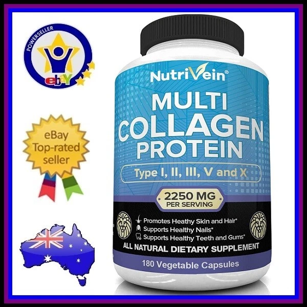 NUTRIVEIN COLLAGEN PROTEIN 2250mg Type I, II, III, V, X Hair Skin Nails 180 Caps