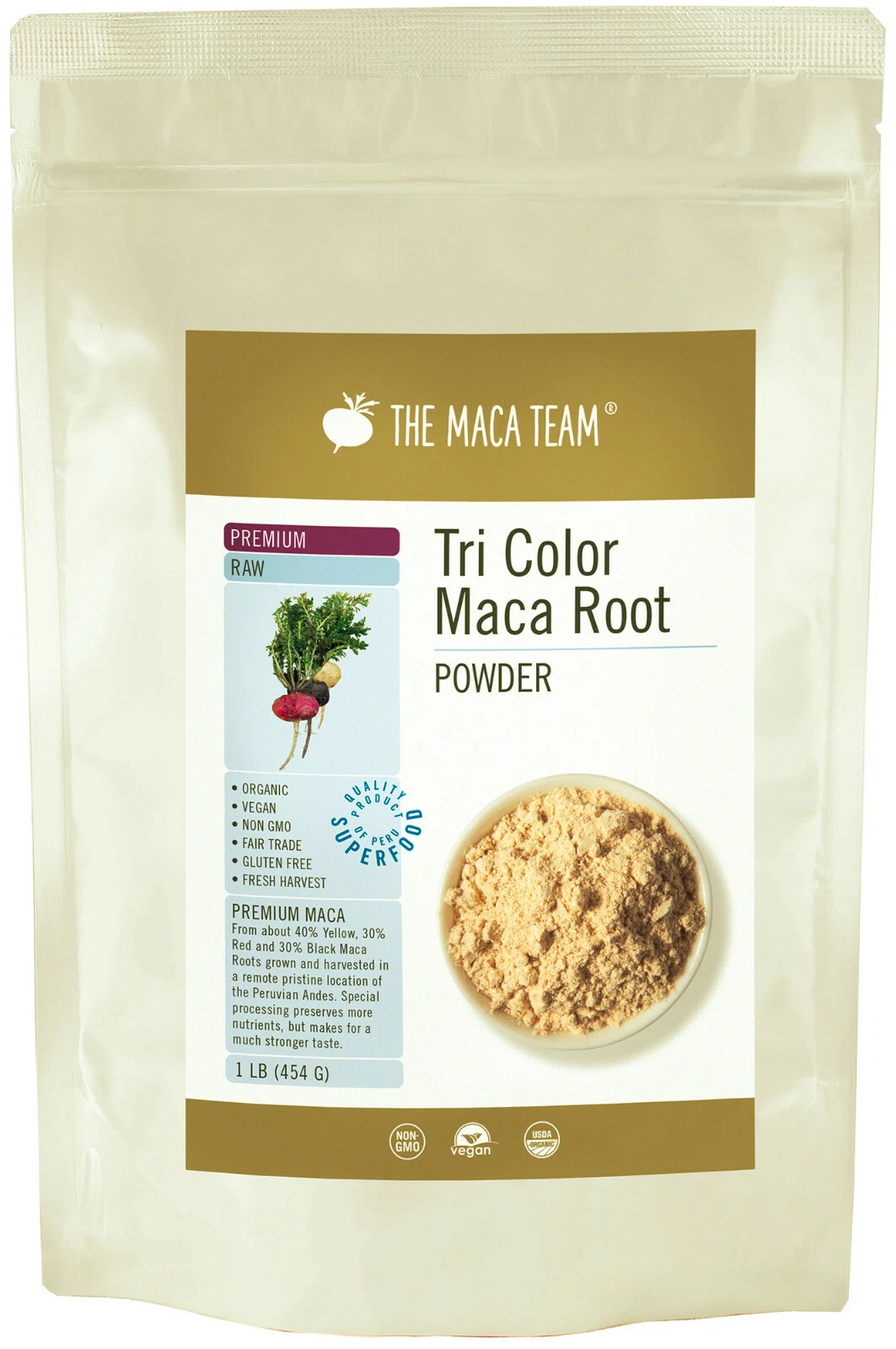 Maca Premium Orgánica Cruda en Polvo - Cosecha Fresca de Perú - 1 lb 50 porciones