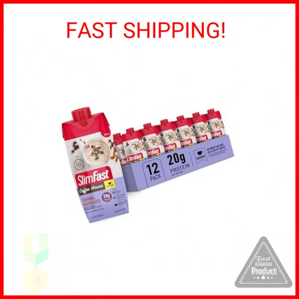 SlimFast Protein Shake with Caffeine, Caramel Macchiato- 20g Protein, Meal Repla