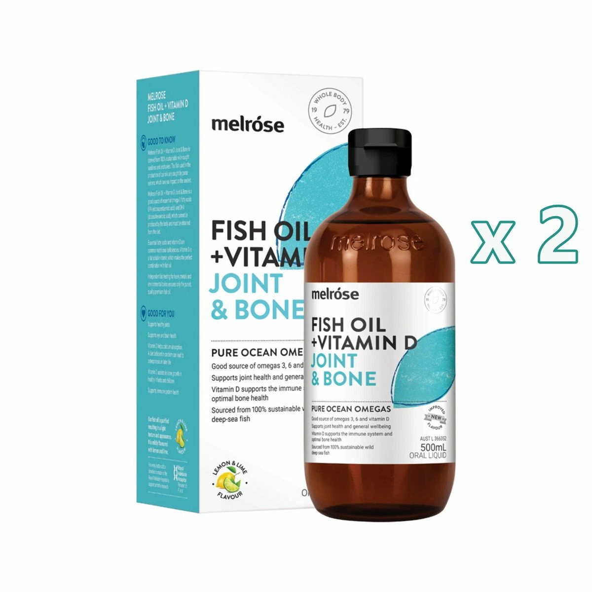 2 x Melrose Fish Oil + Vitamin D Joint & Bone 500ml Lemon & Lime Omega 3 1L