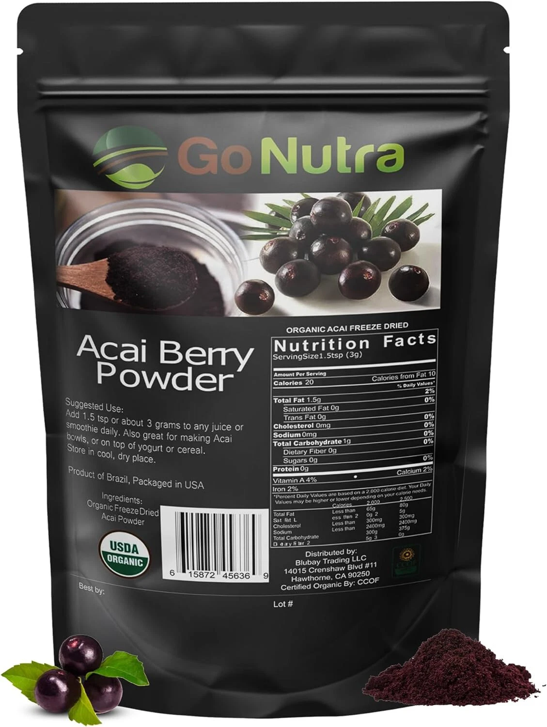 Acai Powder Organic Pure Freeze Dried Organic Acai - 1 kg. (2.2 lbs) - Go Nutra