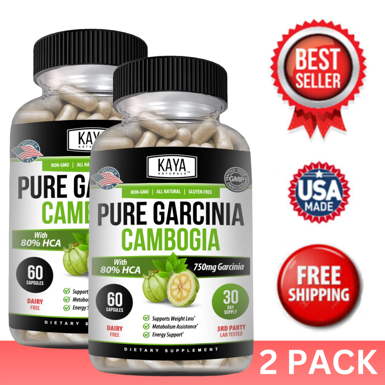 (2 Pack) Pure Garcinia Cambogia 80% HCA Weight Loss Energy Metabolism Fat Burner