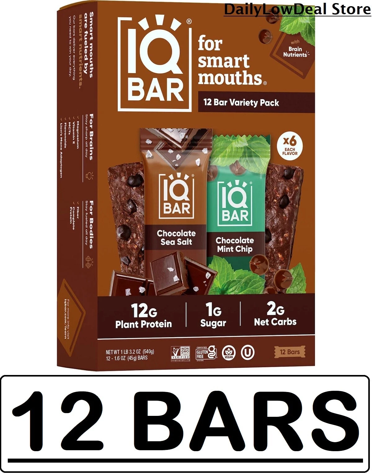 IQBAR Protein Bar Variety Pack Chocolate Sea Salt & Chocolate Mint Chip 12 Bars