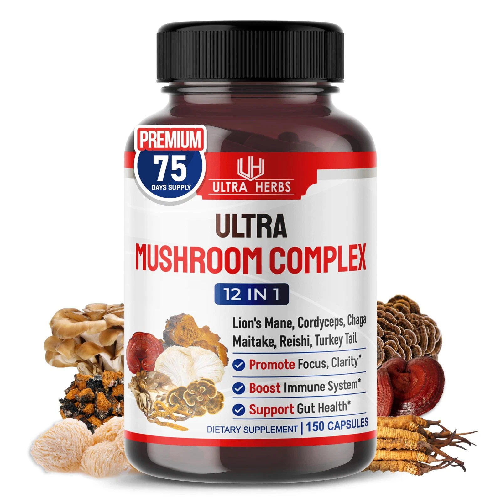 Ultra Mushroom Supplement Complex w Lion's Mane Cordyceps Maitake - 8 in 1 Mu...