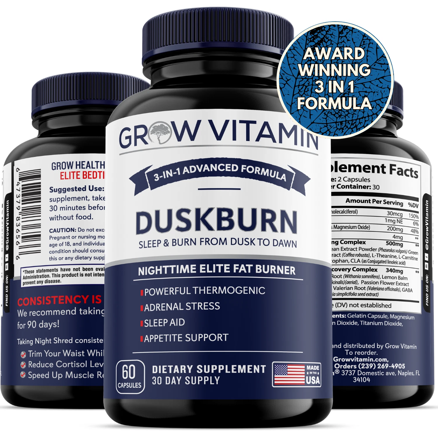Diet Pills Fat Burner, Weight Loss Formula DuskBurn, Night Time Formula, 60 ct