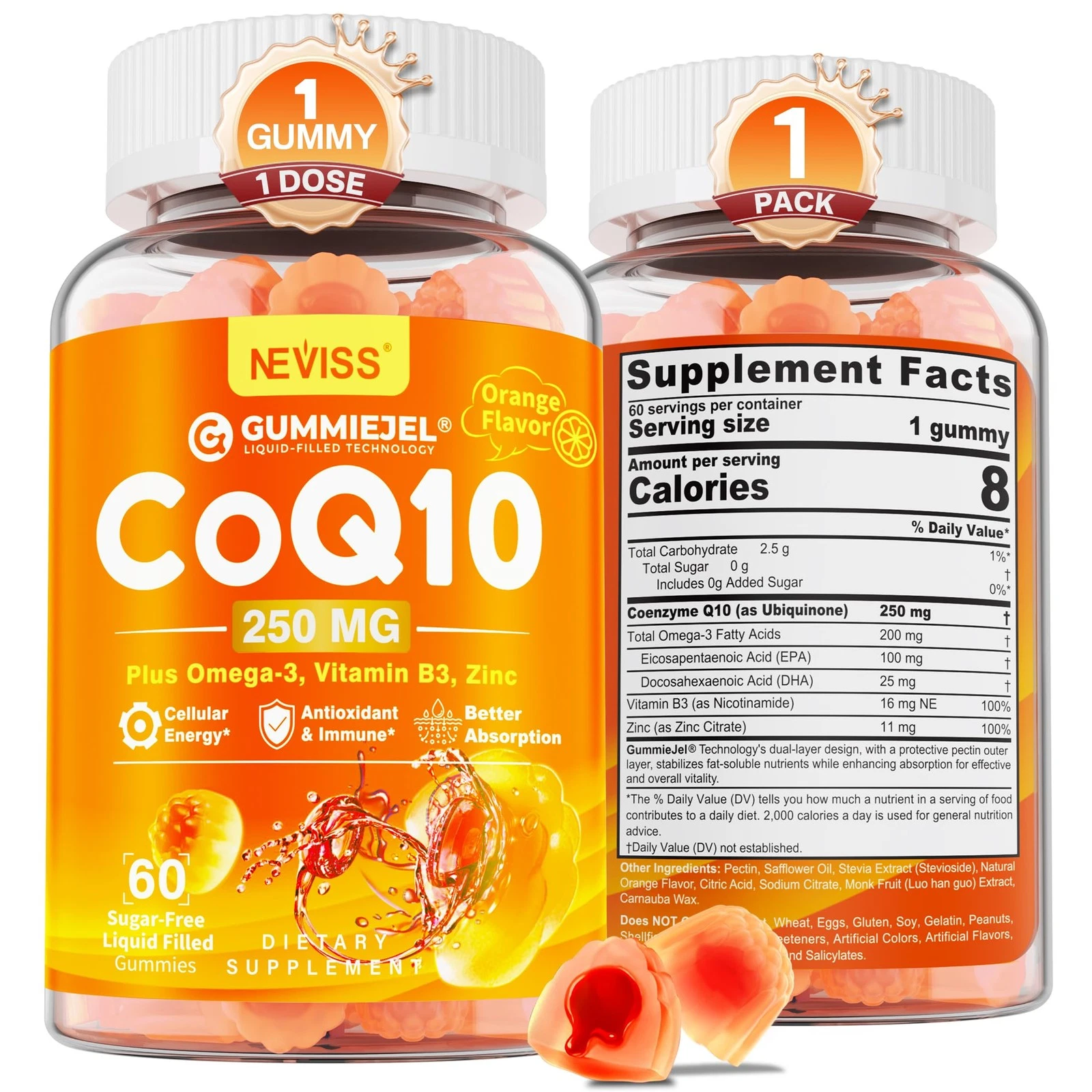 Sugar-Free CoQ10-250mg / 500mg Filled Gummies - Plus Omega-3, EPA + DHA, B3 & Zi