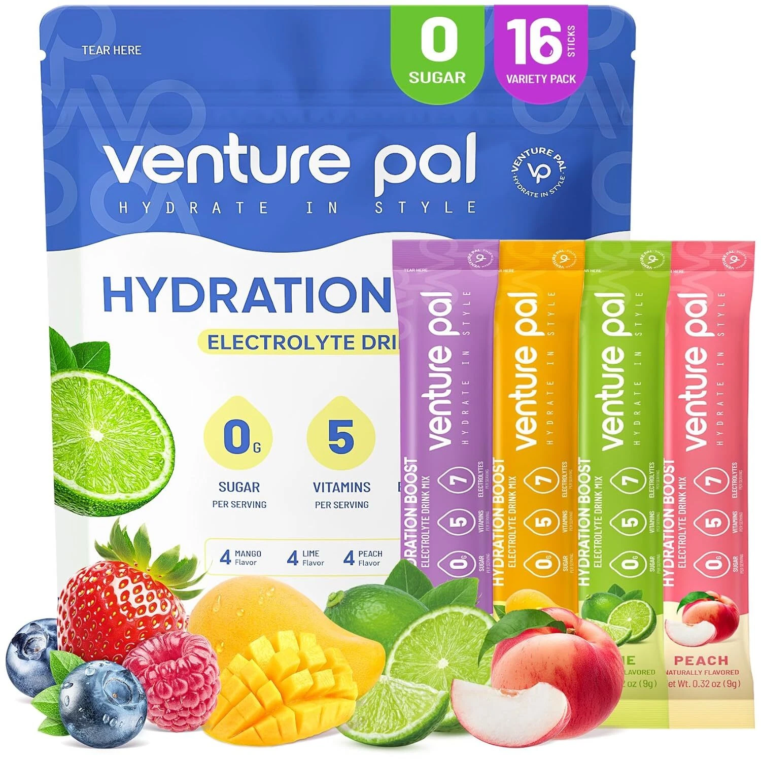 Venture Pal Vitamin Electrolyte Hydration Drink Mix, Sugar Free, Vegan, 16 Count