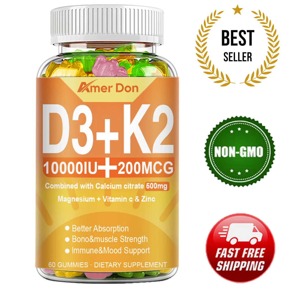 Vitamin D3 K2 Capsules Extra Strength 250mg D3 200mg K2 Supplements with 10000IU