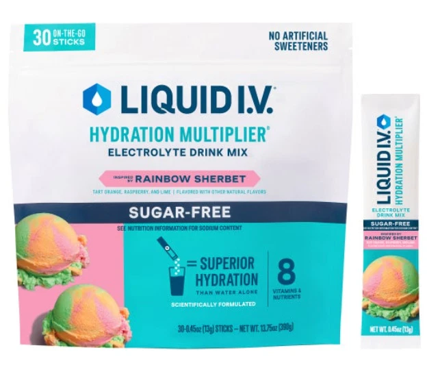 Liquid IV Hydration Multiplier RAINBOW SHERBERT 30 On-The-Go Sticks SUGAR FREE