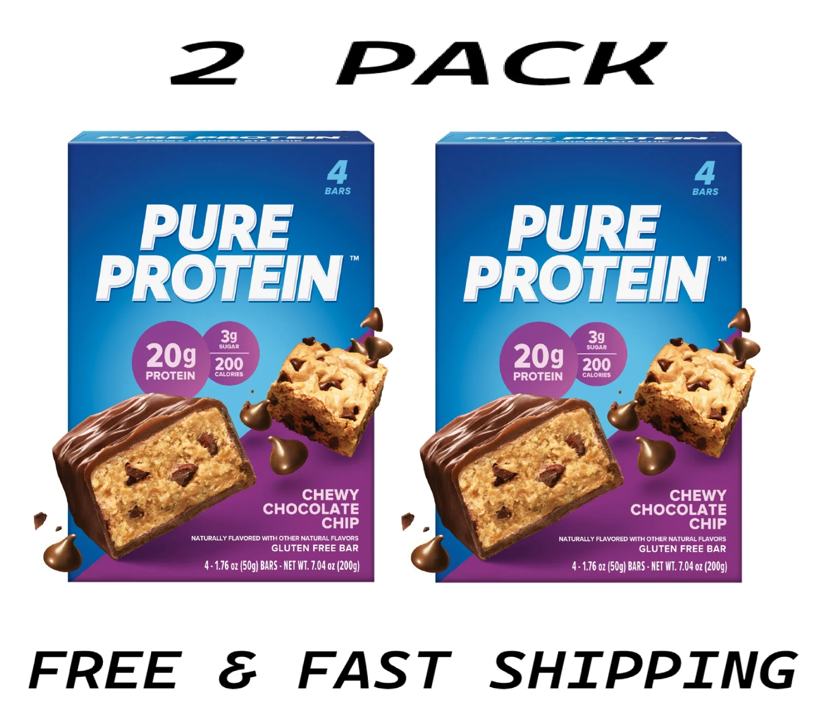 (2 PK) Pure Protein Bars, Chewy Chocolate , 20g Protein, Gluten Free, 1.76 oz