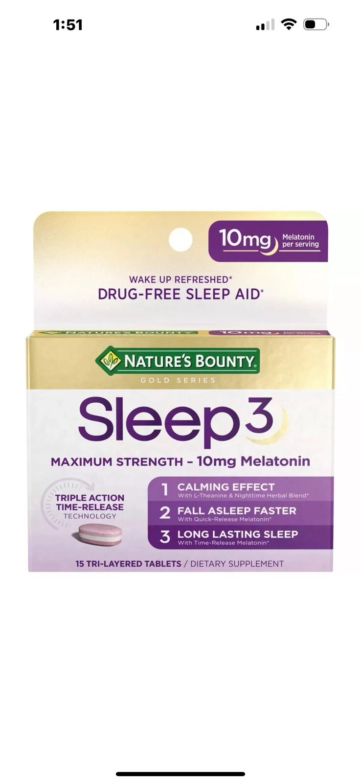 Nature's Bounty Sleep3 Max Strength 10mg Melatonin Tablets - 15ct Exp2/31/26