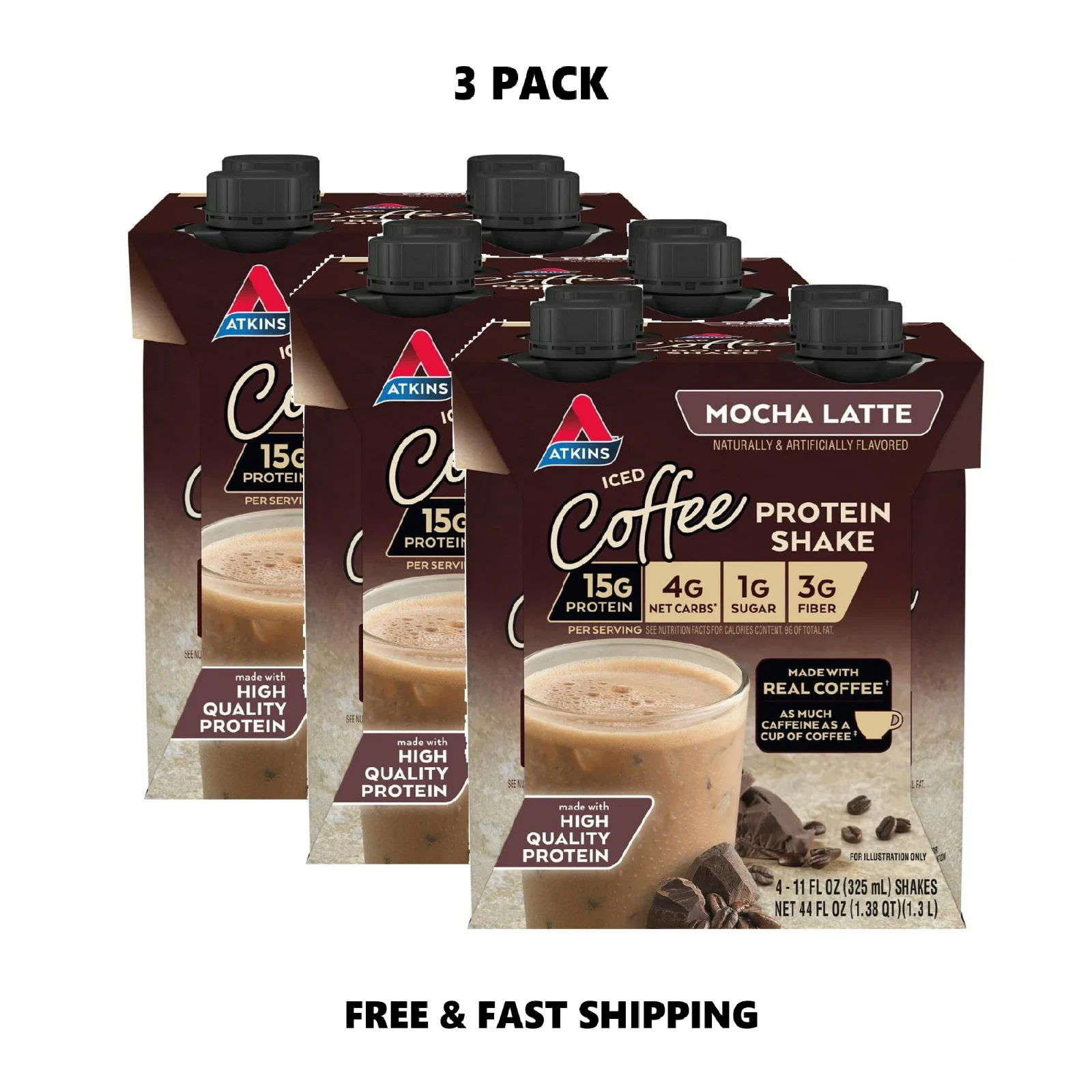 Atkins Protein Shake, Mocha Latte, Keto Friendly, Gluten Free, Pack of 3