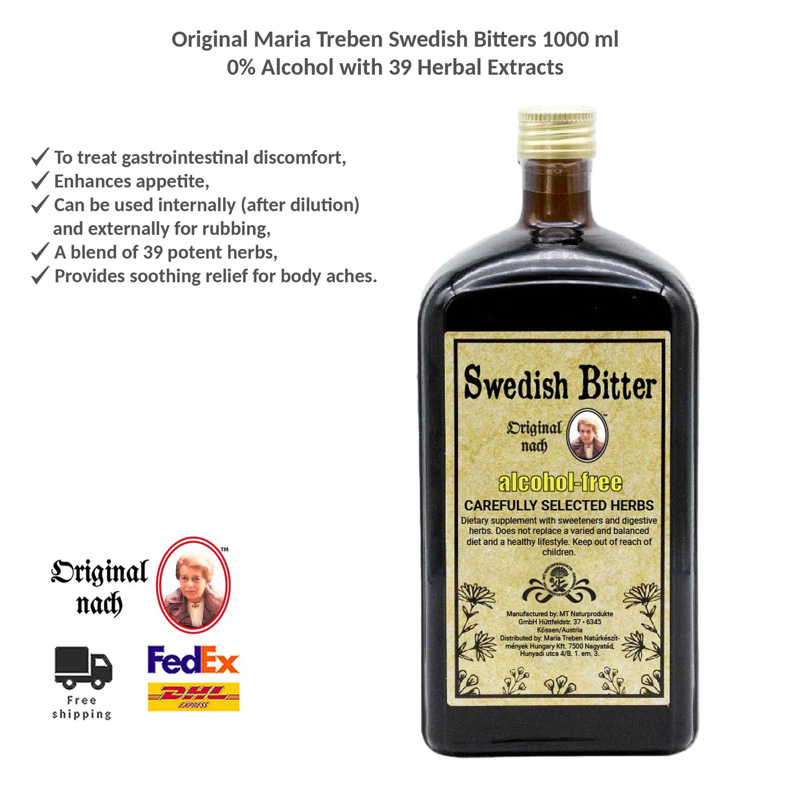 Original Maria Treben Swedish Bitters 1000ml 0% Alcohol with 39 Herbal Extracts