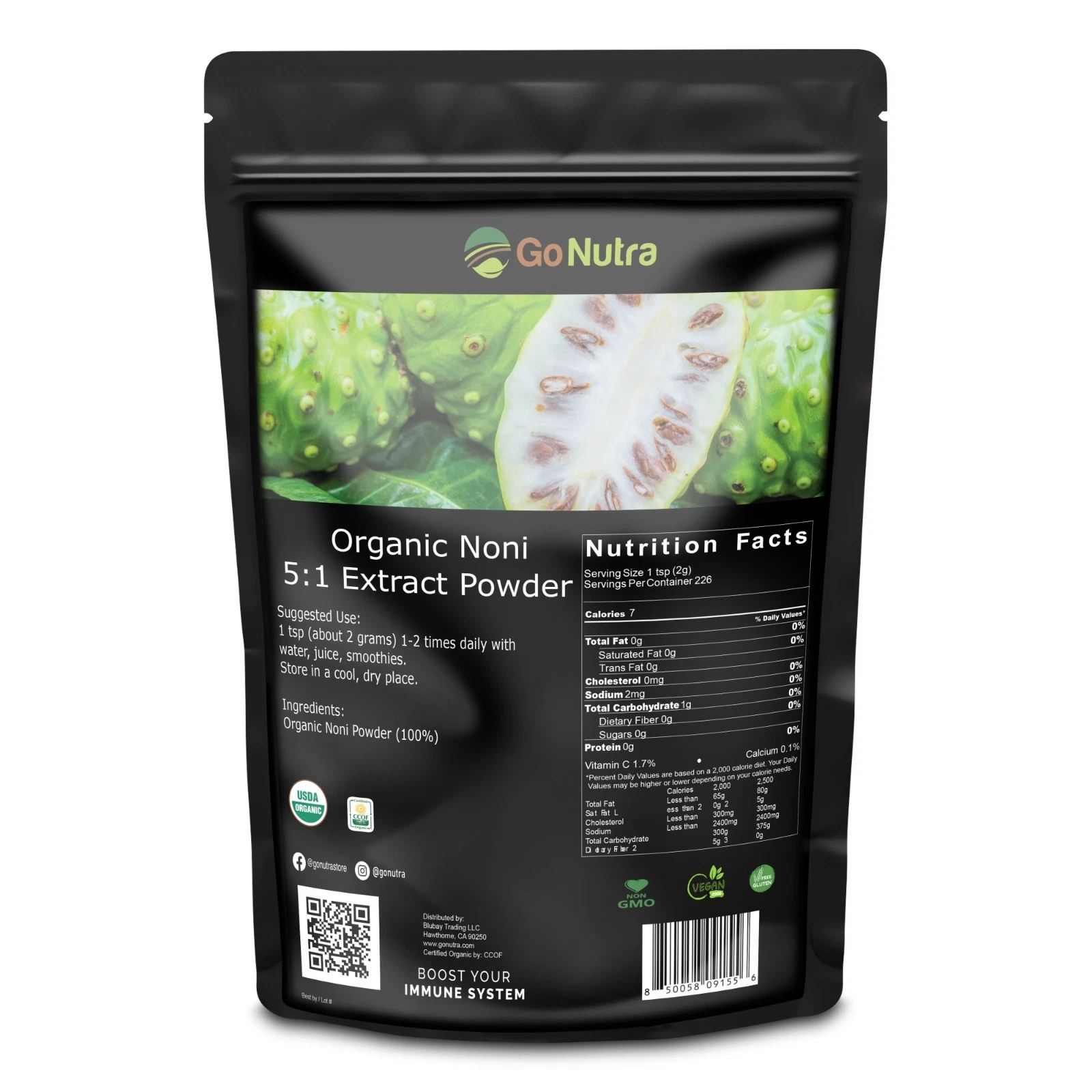 Noni Fruit Powder Organic 5:1 Extract Pure 1 lb. (16oz) Superfood Smoothie Boost