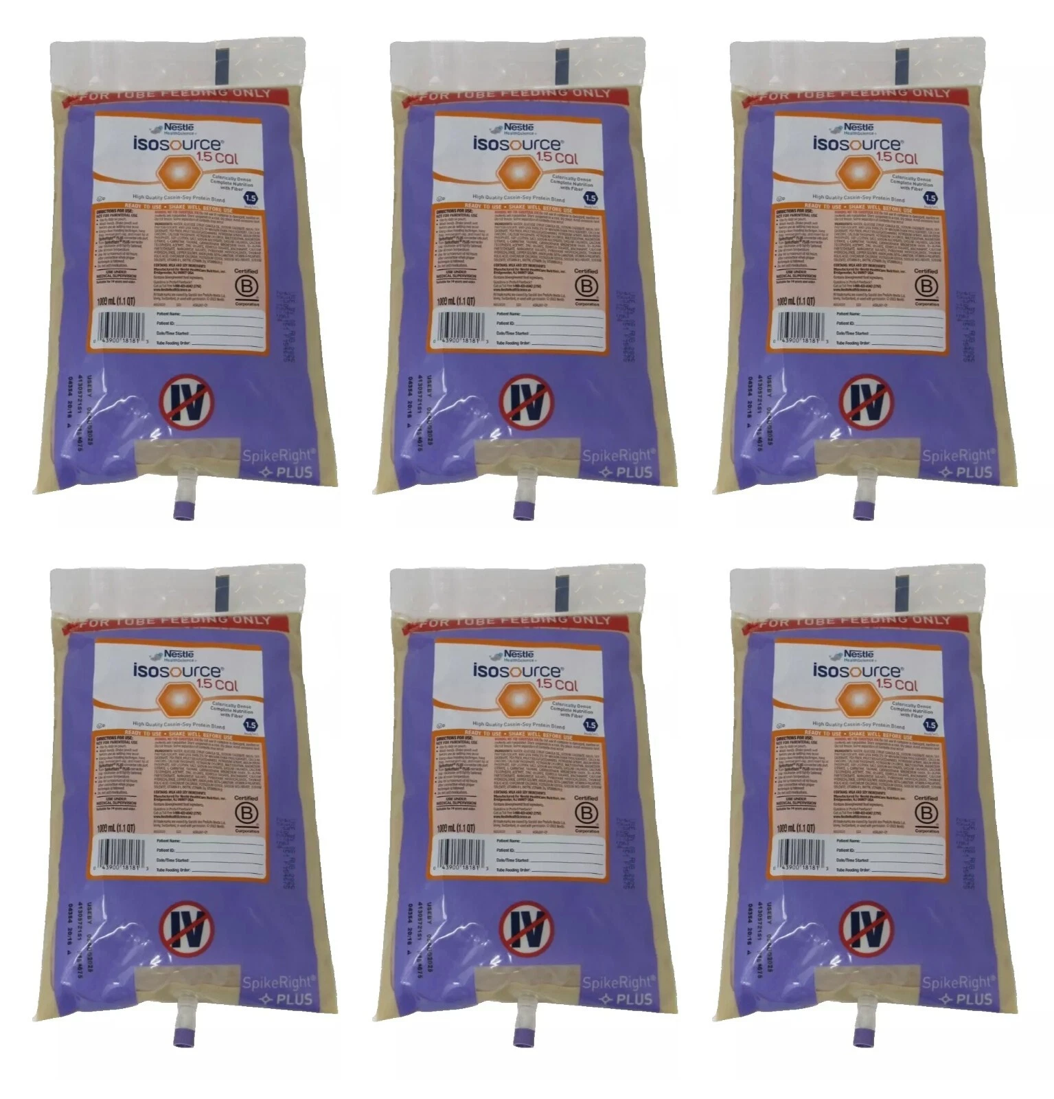 NEW 6-PACK 33.8 oz Nestle Isosource 1.5 Cal Tube Feeding Bag Unflavored EXP 8-25