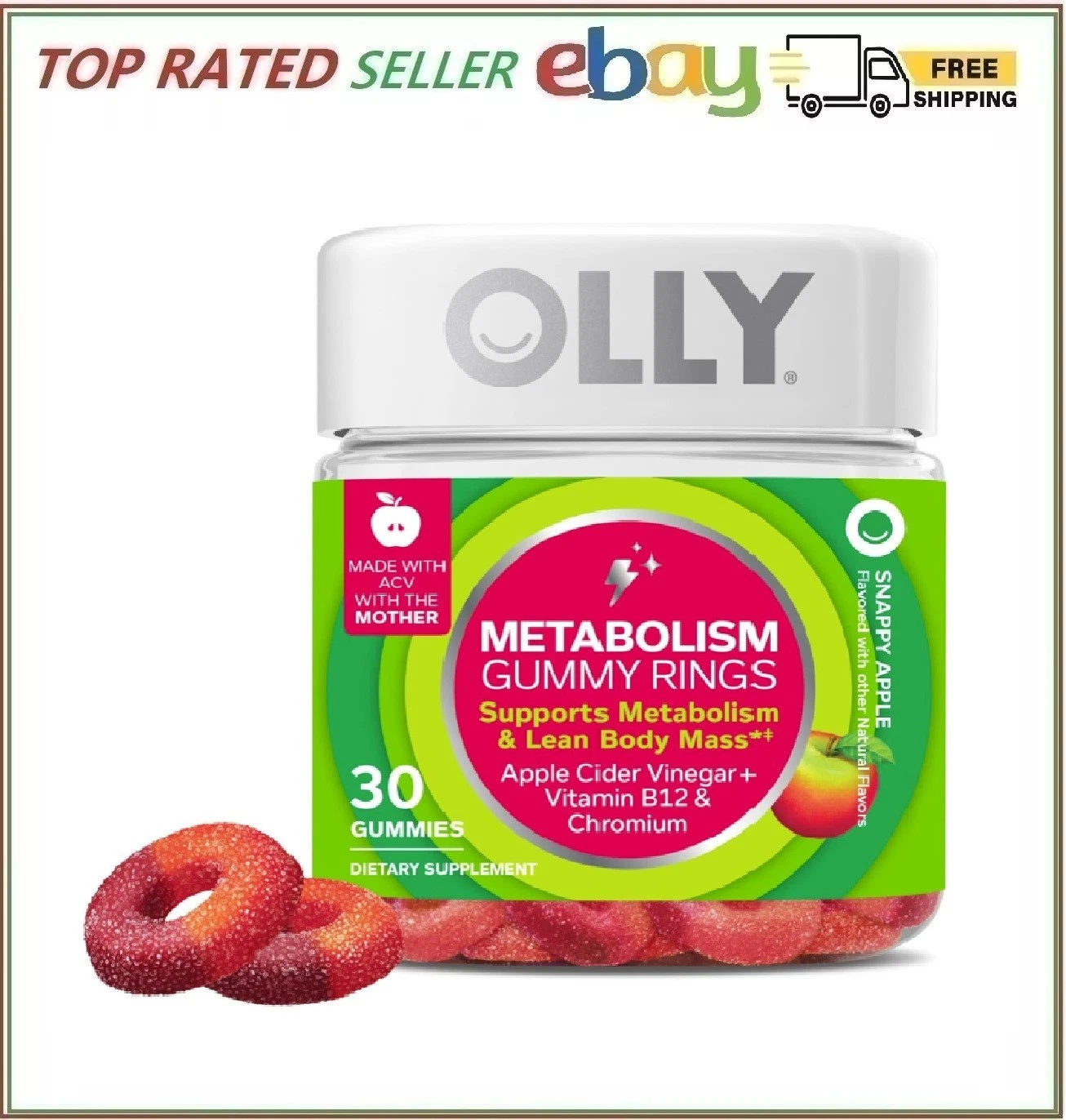OLLY Metabolism Gummy Rings Apple Cider Vinegar, Vitamin B12, Chromium 30 Count