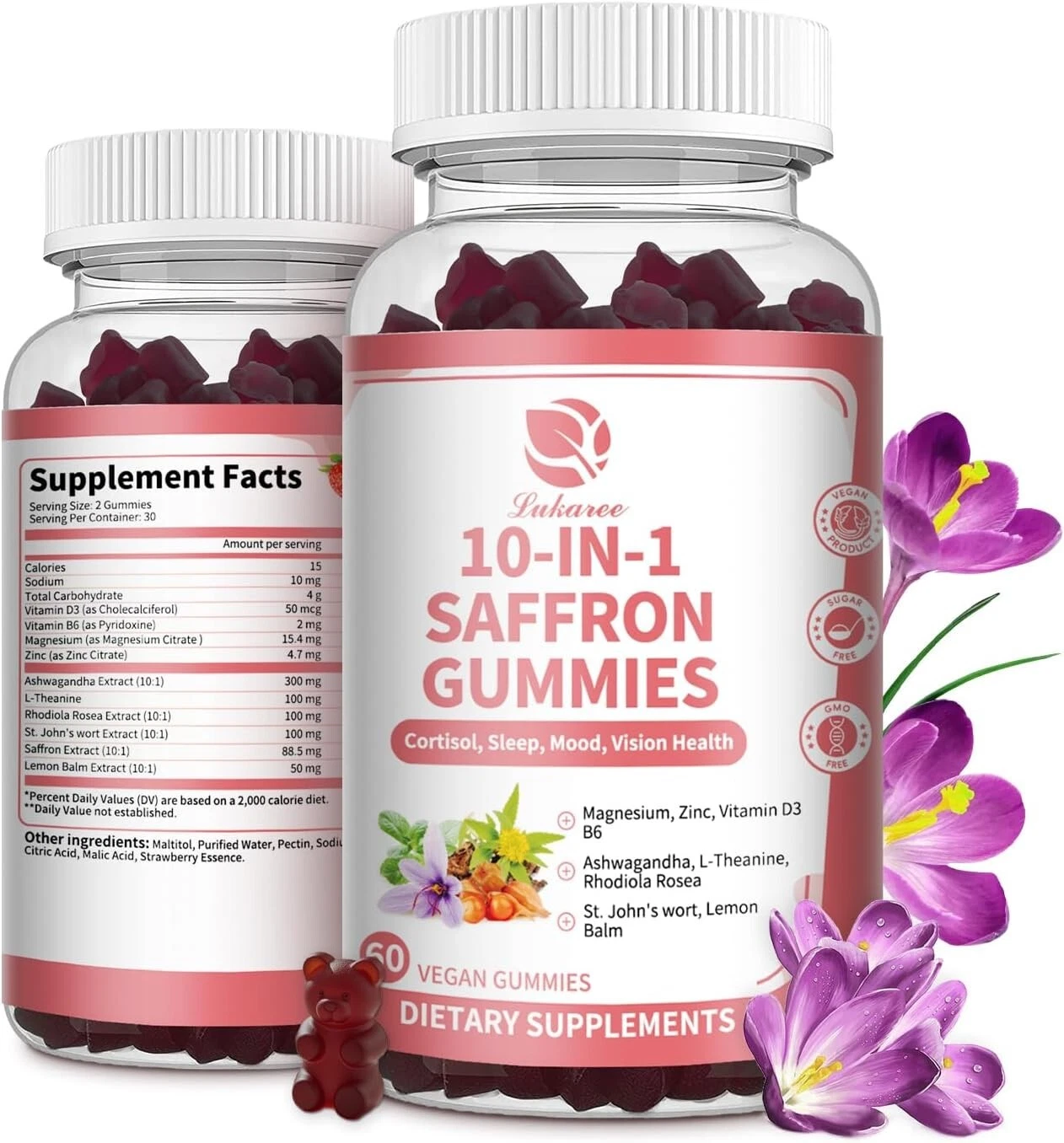 Saffron 10-In-1 Supplement, Sugar Free Saffron Gummies with Ashwagandha, 60ct.