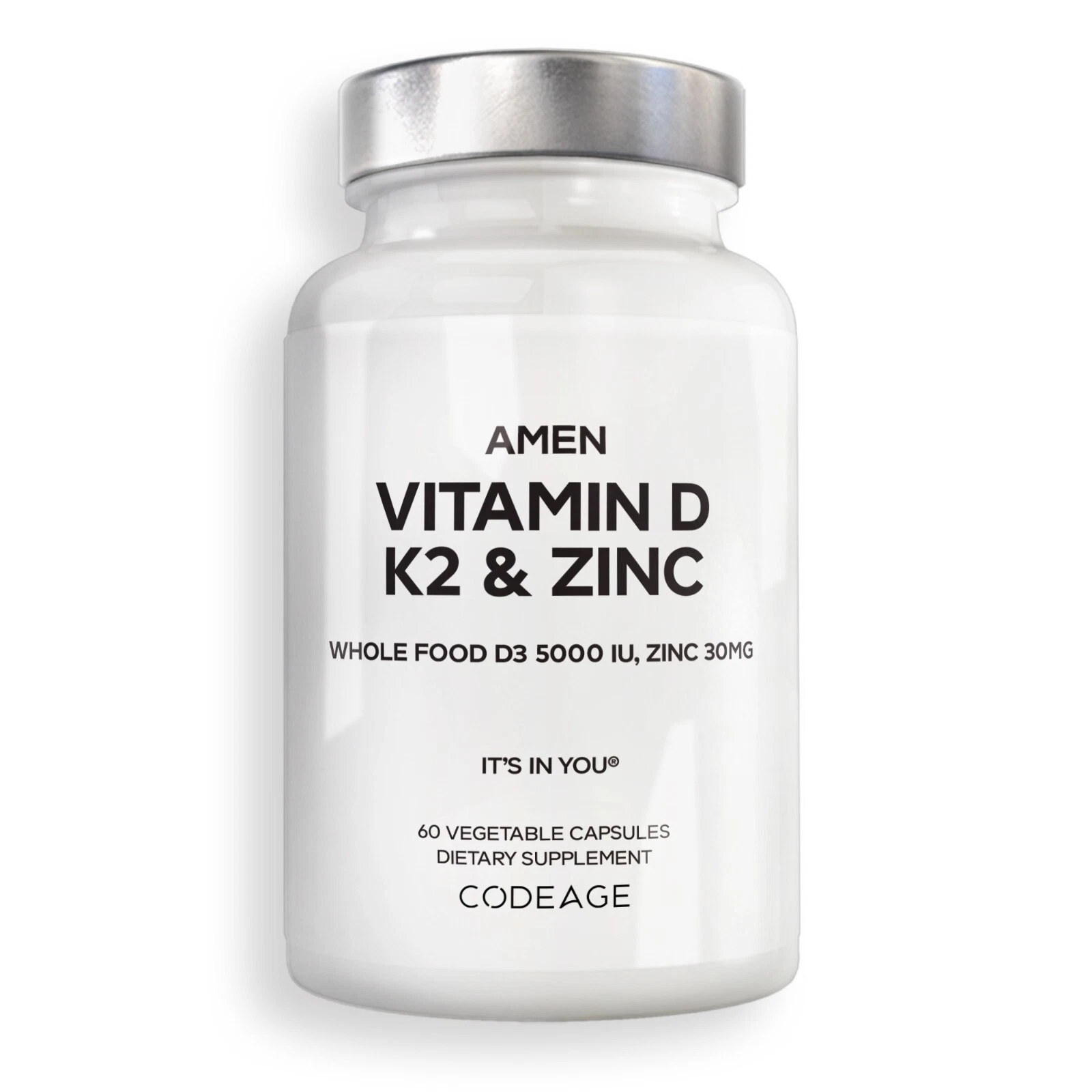 Amen Vitamin D K2 & Zinc, Cholecalciferol D3 5000 IU, Organic Whole Foods, 60 ct