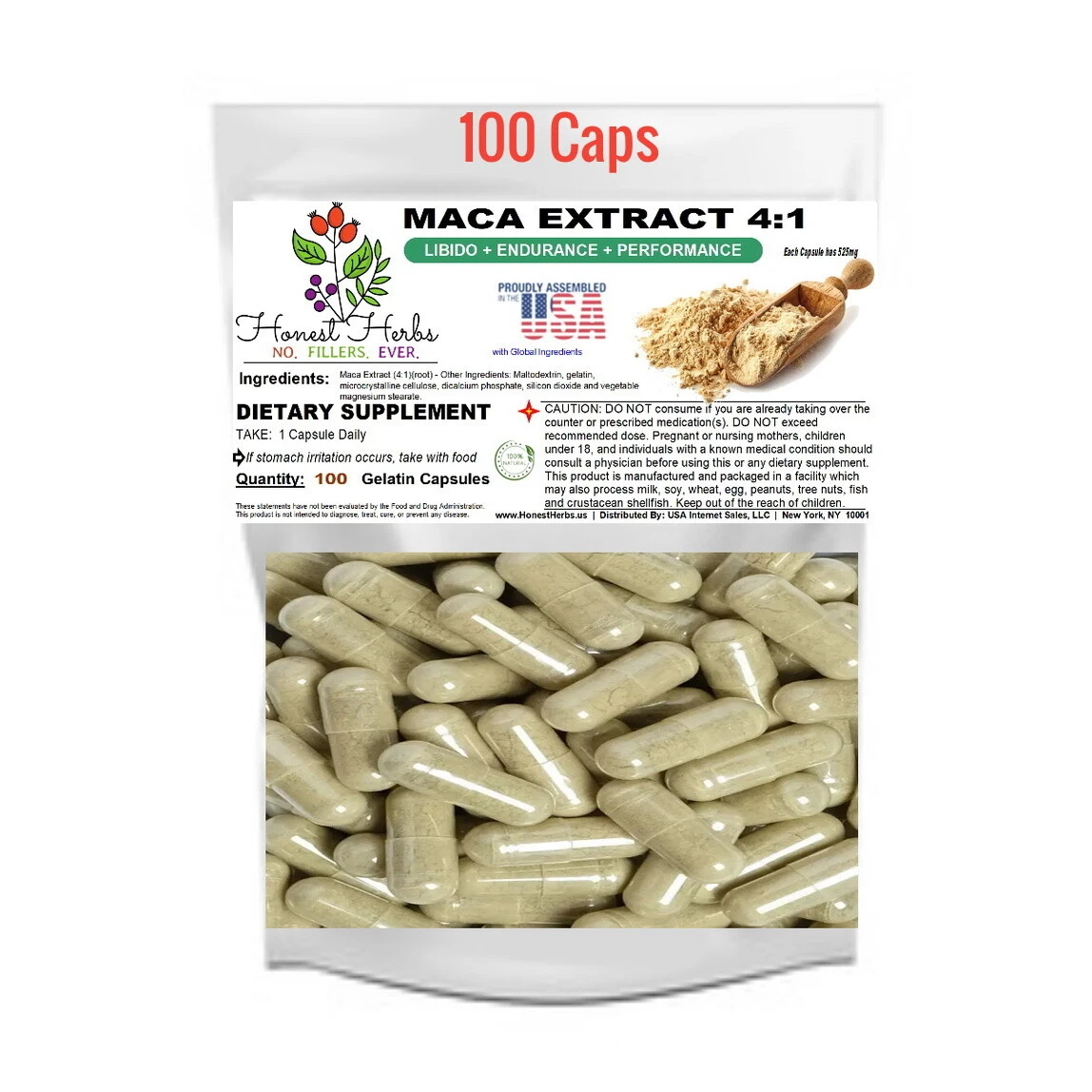 Maca Extract 4:1 - 4x Strength- Libido, Endurance, Performance - 525mg, 100 Caps