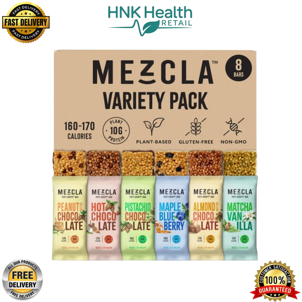 Mezcla Puff Crispy Protein Bars, Healthy Snacks for Adults, Variety Pack, 8 Bars
