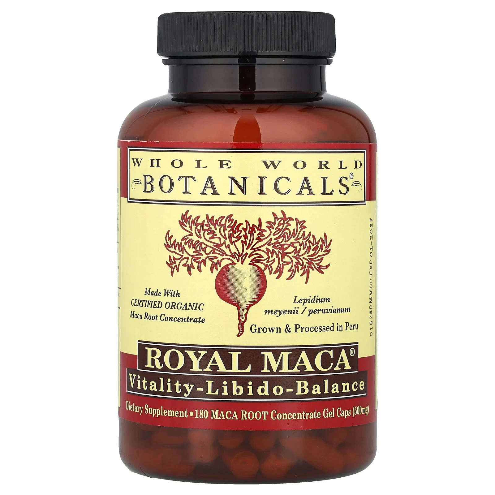 Whole World Botanicals Royal Maca 500 mg 180 Gel Caps Fair Trade , Gluten-Free,