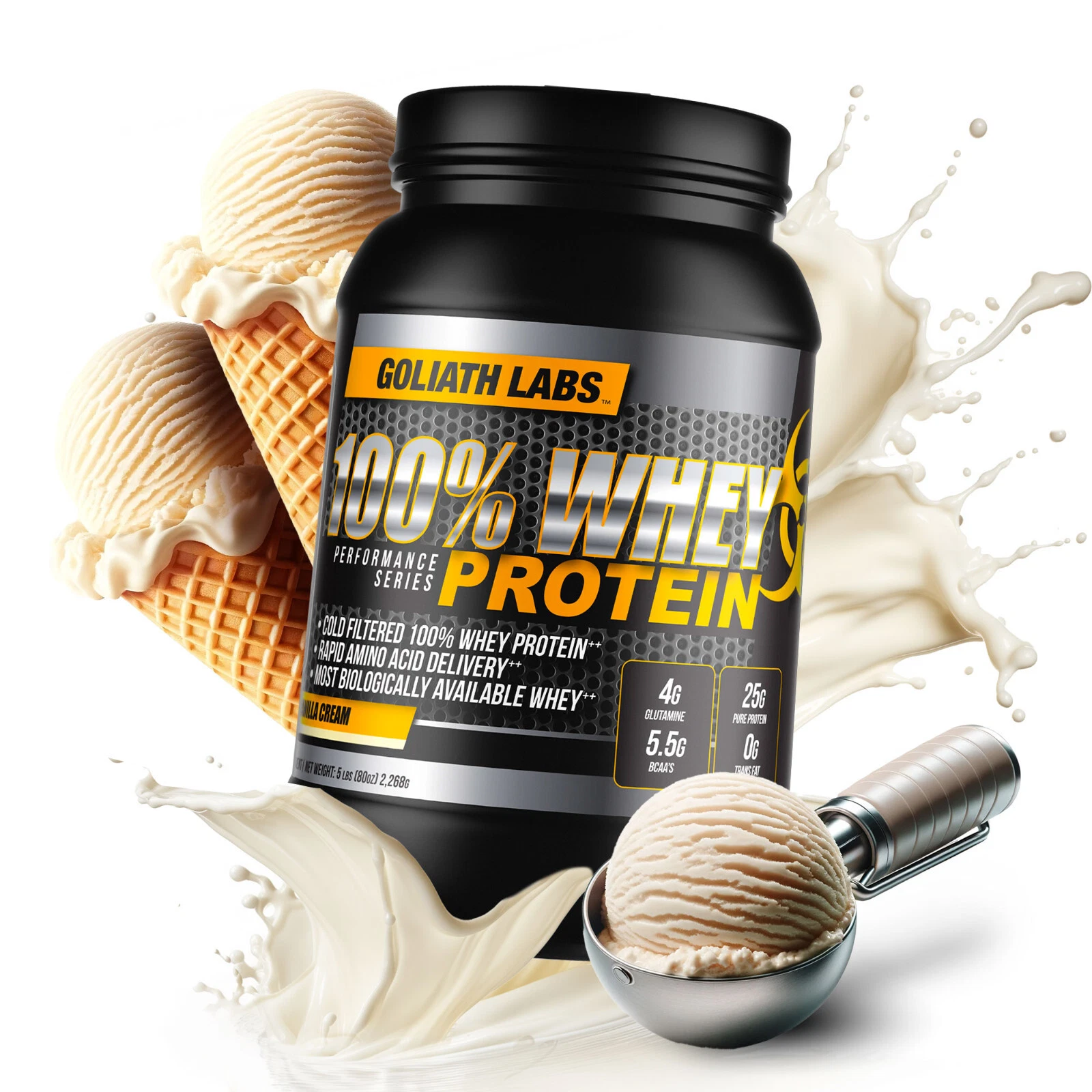 Whey Protein Powder 5LB Goliath Labs 68 Servings Muscle Mass Gain Supplement