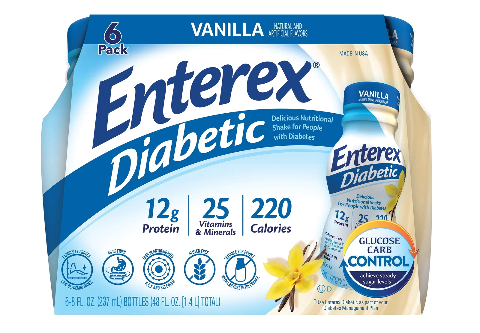 Enterex Diabetic Nutritional Meal Replacement Shake, Vanilla,8 fl oz, 6 Pack