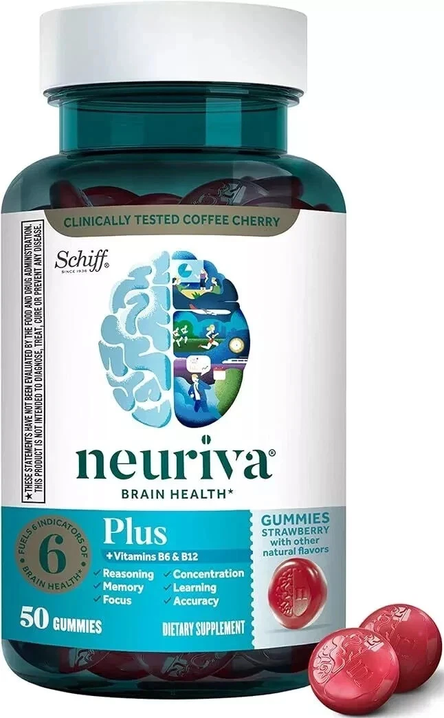 NEURIVA Plus Brain Supplement for Memory - 50 Gummies - Strawberry *EXP 10/2026*