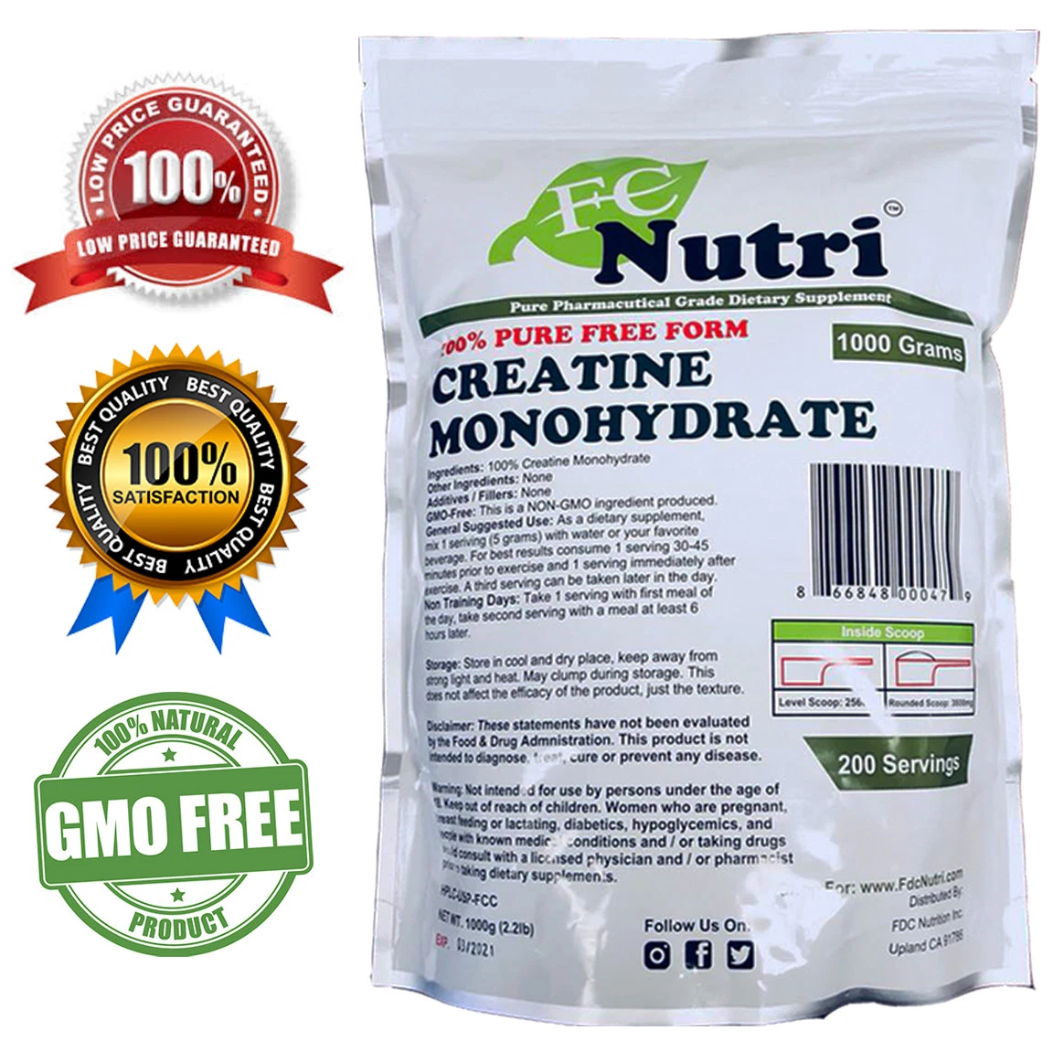 Creatine Monohydrate Powder 100% Pure 1000g (2.2 lb) Micronized by FDC NUTRITION