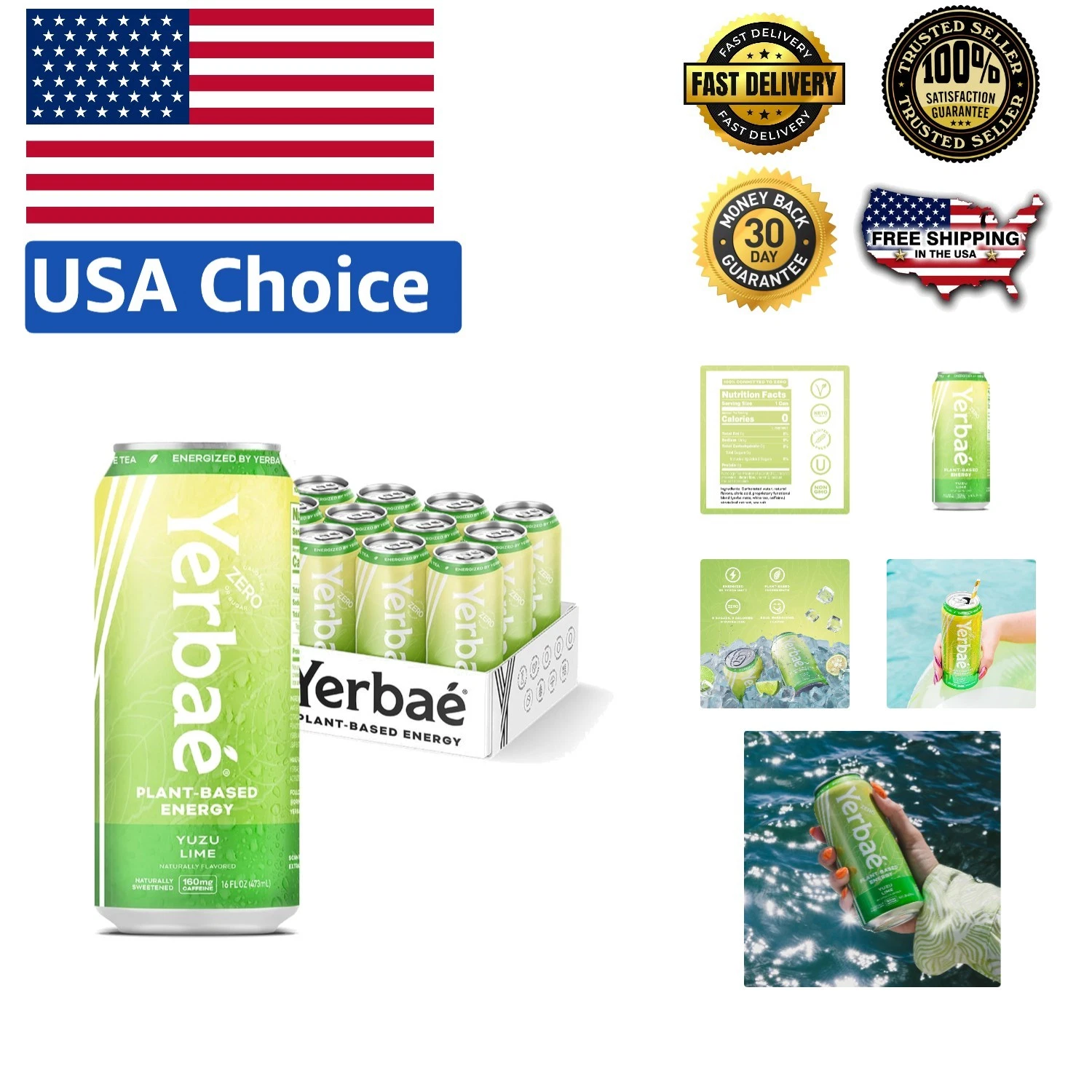 Refreshing Yuzu Lime Flavor Energy Drink - , 12-16oz Cans of Natural Energy