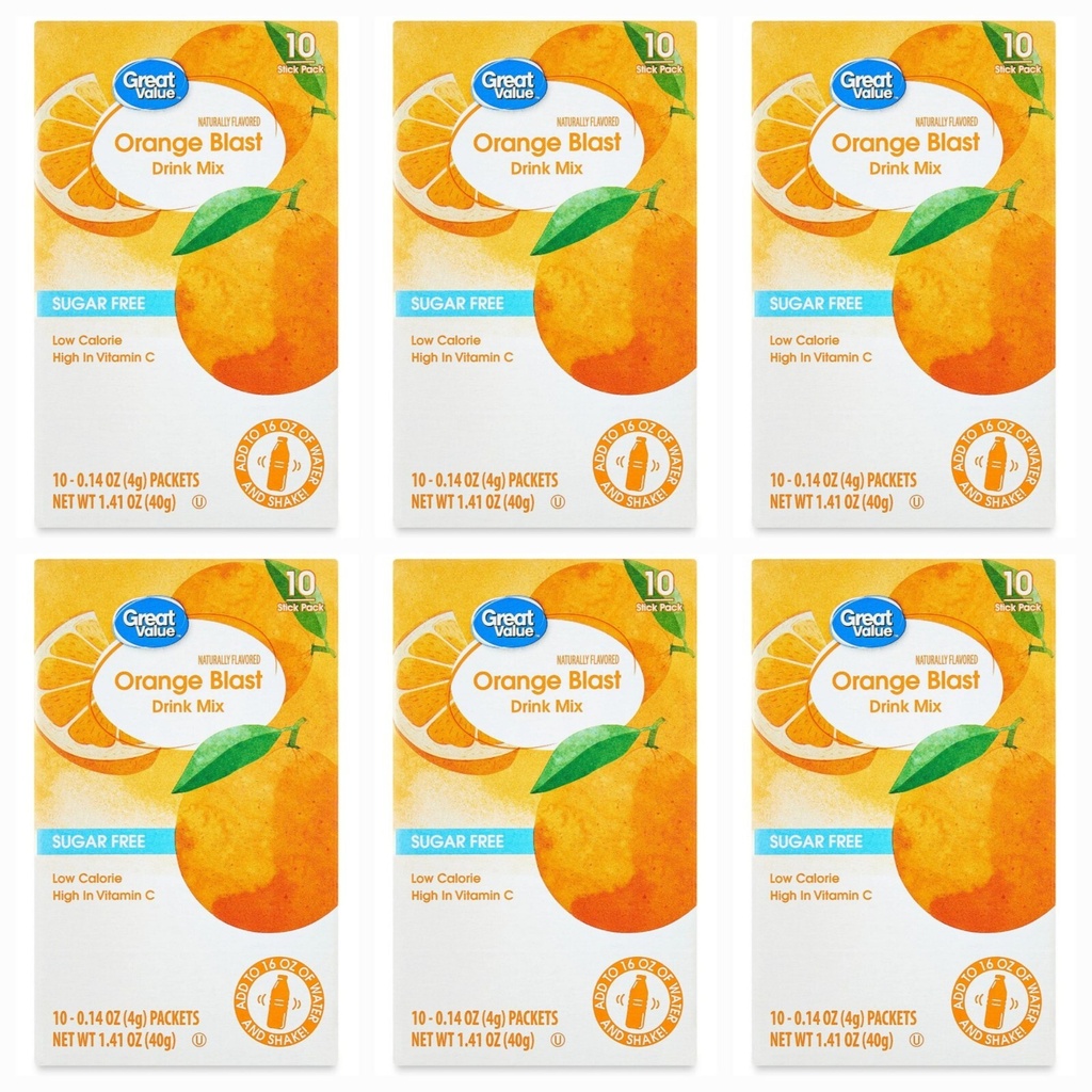 6 Pack - Great Value Sugar-Free Orange Blast Drink Mix 60 Packets