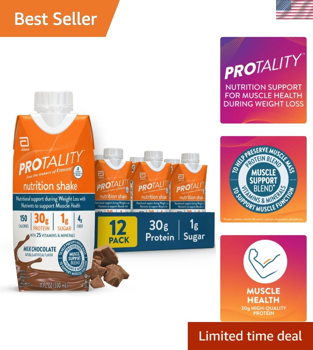 High-Protein Milk Chocolate Shake | 1g Sugar, 25 Essential Nutrients (12 Pack)