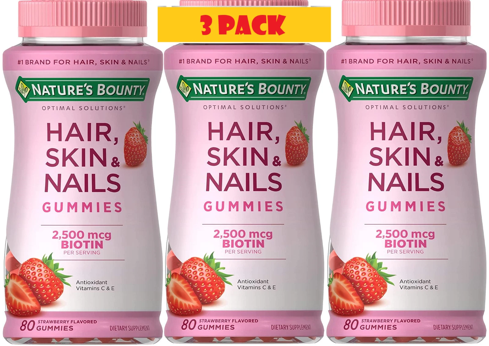 3 Pack Hair Skin & Nails Gummies + Biotin Vitamin C + E, 240 gummies (3x80) 2026