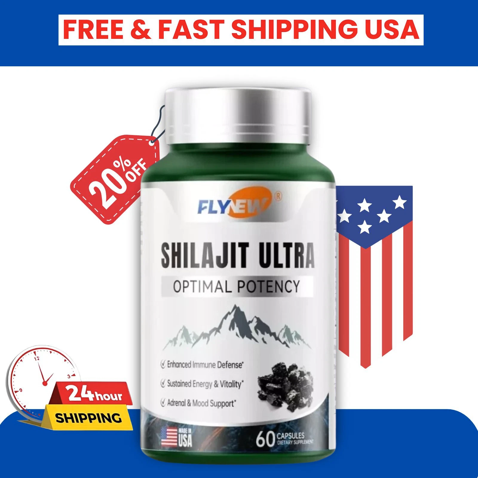 Flynew Shilajit Ultra Optimal Potency, Energy& Vitality, Shilajit L-arginine