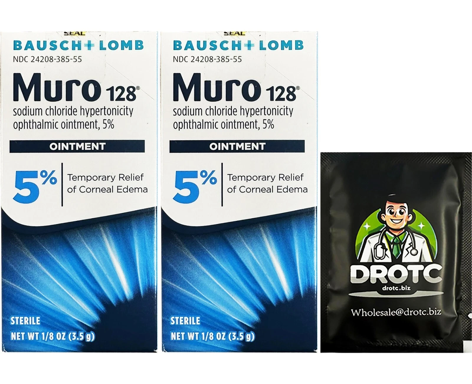 2 Pack -Bausch & Lomb Muro 128 Ointment 5%- 1/8 Oz + Free Wipe - Each Exp 2/2026