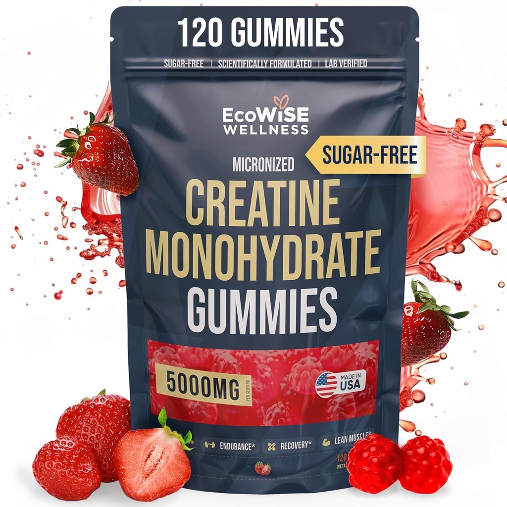 Creatine Monohydrate Gummies 5000 mg, Strawberry Flavor, 120 Sugar-Free Vegan Ch