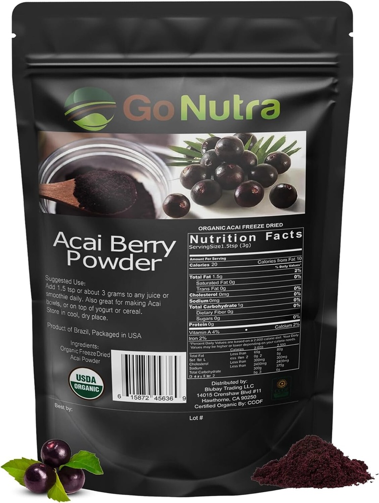 Acai Powder Organic Pure Freeze Dried Organic Acai Berry - 1 lb Bag - Go Nutra