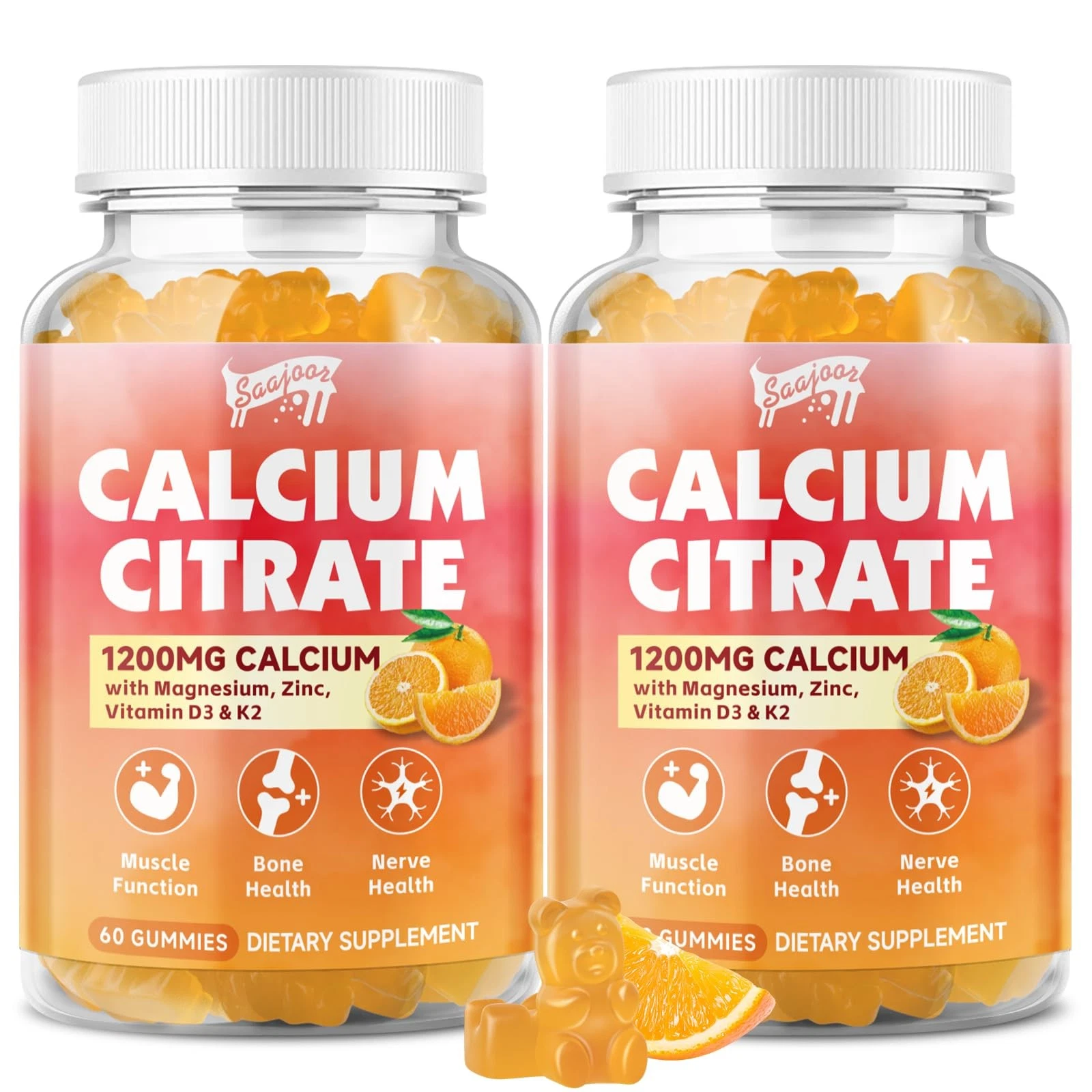 Calcium Citrate Gummies 1200 mg with Vitamin D3, K2, Magnesium, Zinc, Bone Su...