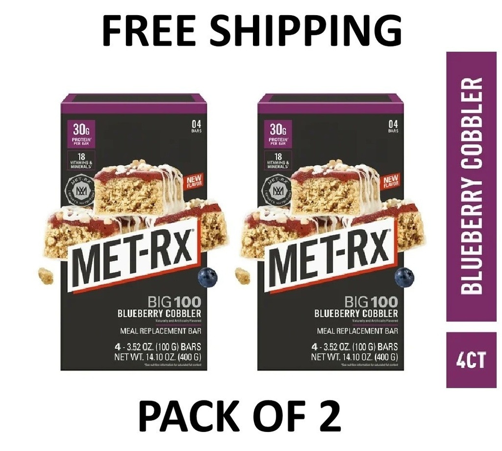MET-Rx Big 100 Protein Bars, Blueberry Cobbler Meal Replacement Bars,4 Ct 2 PACK