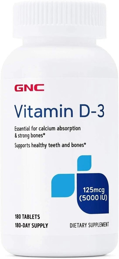 GNC Vitamin D3 125mcg Supplement, 5000 IU, Supports Teeth and Bone Health, 180