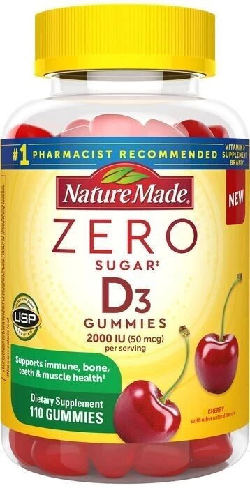 Nature Made Zero Sugar Vitamin D3 Gummies Cherry Flavor Gummy 110ct