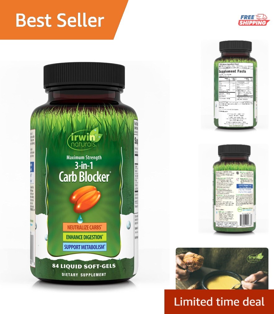 Unflavored 3-in-1 Carb Blocker Softgels - 84 Vegetarian Capsules for Weight Loss