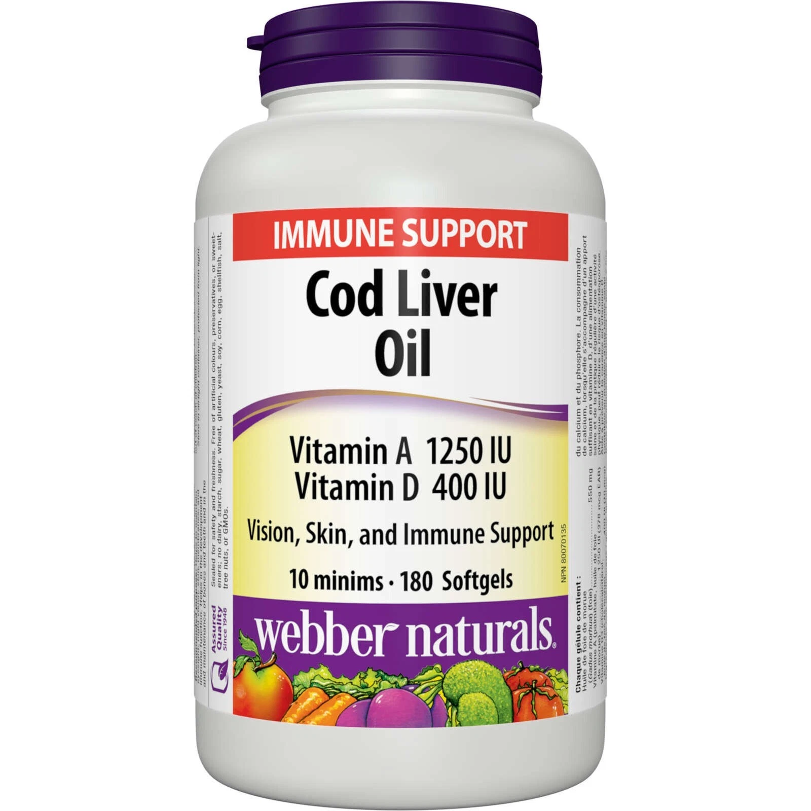 Webber Naturals Cod Liver Oil 1250 IU/100 IU Vitamin A and D Vision 180 pcs NEW