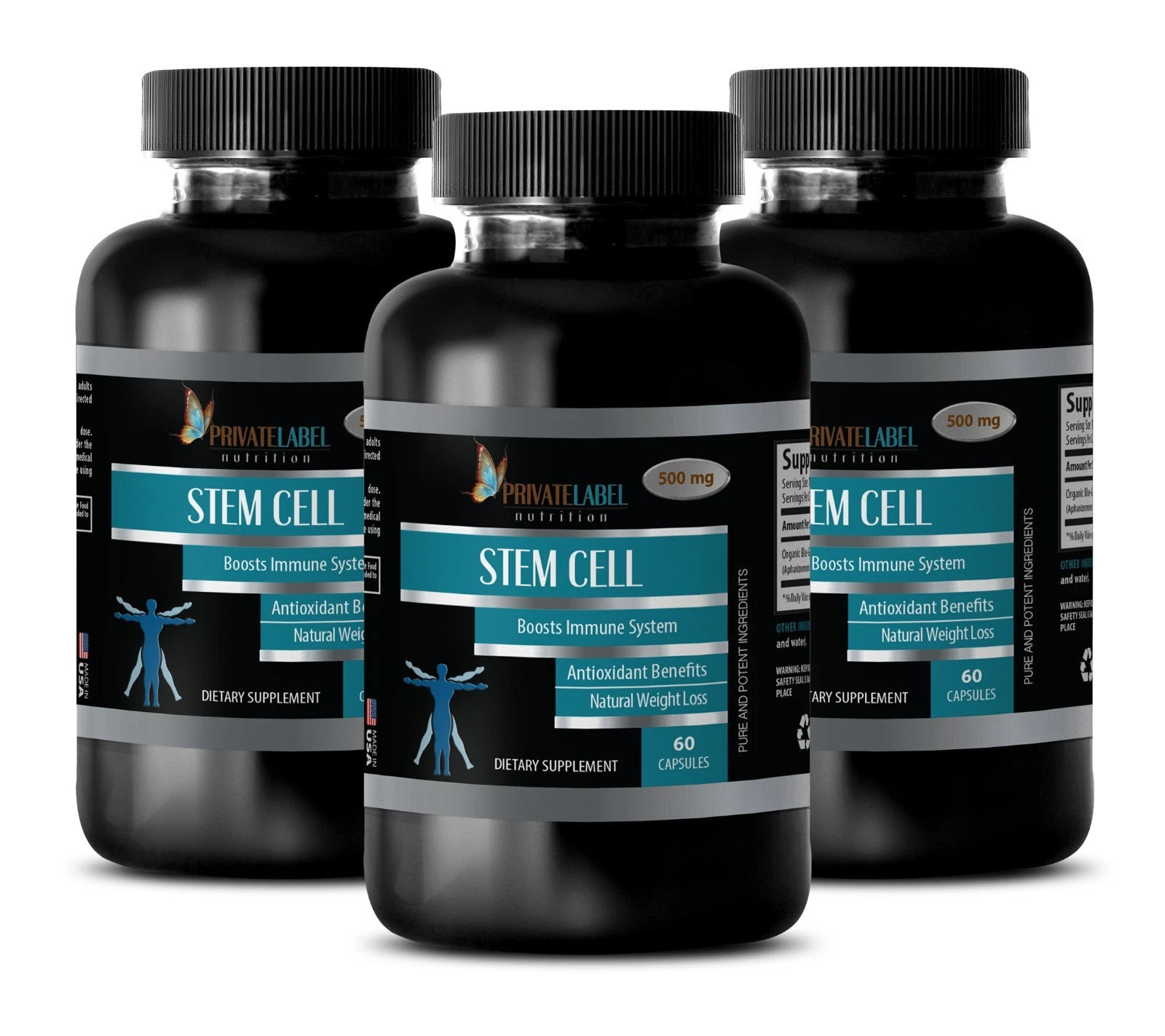 STEM CELL Supplement - Blue Green Algae 500mg Powder - 3 Bottles, 180 Capsules