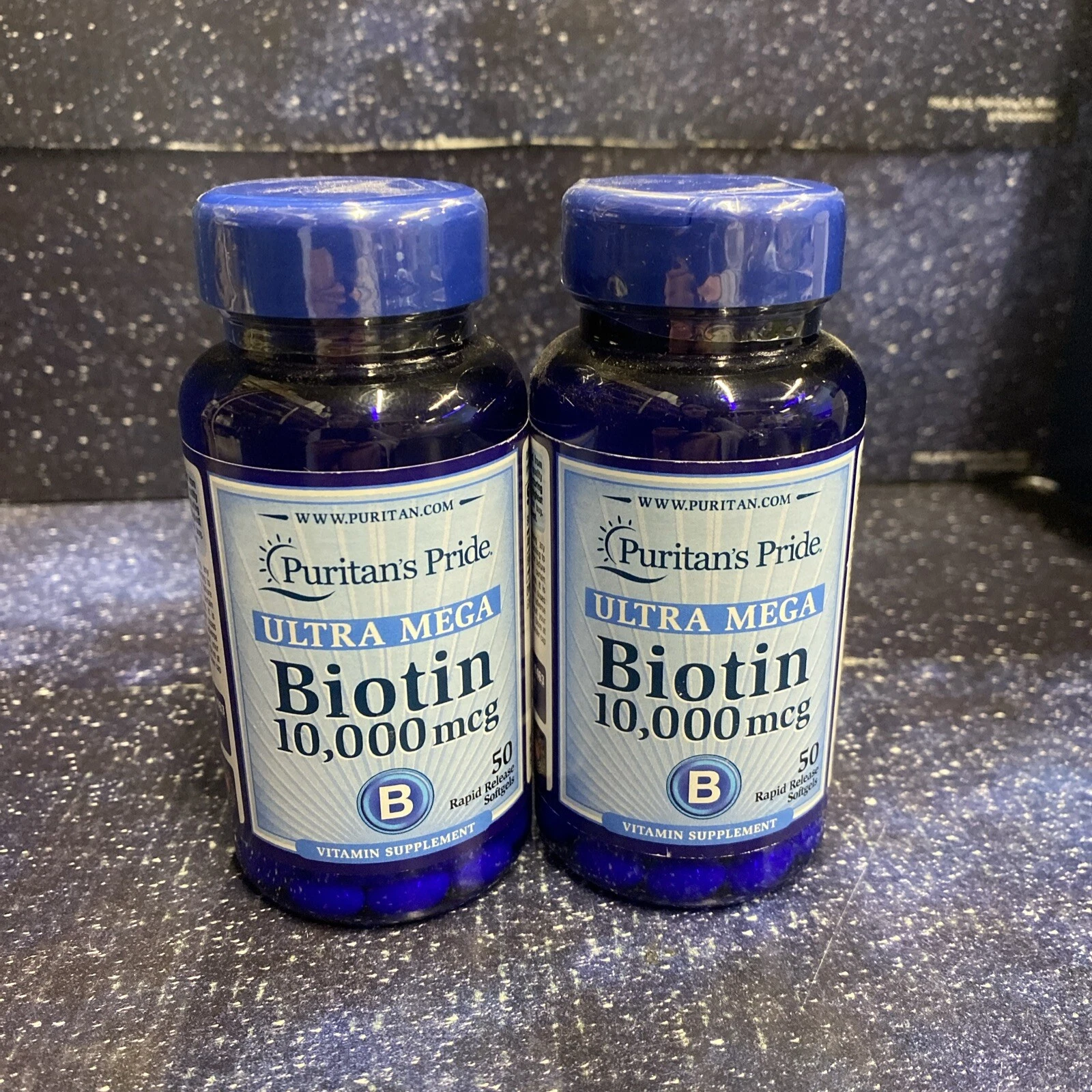 2 X Puritan's Pride Ultra Mega Biotin 10000 Mcg - 50 Softgels Exp: Read Descrip