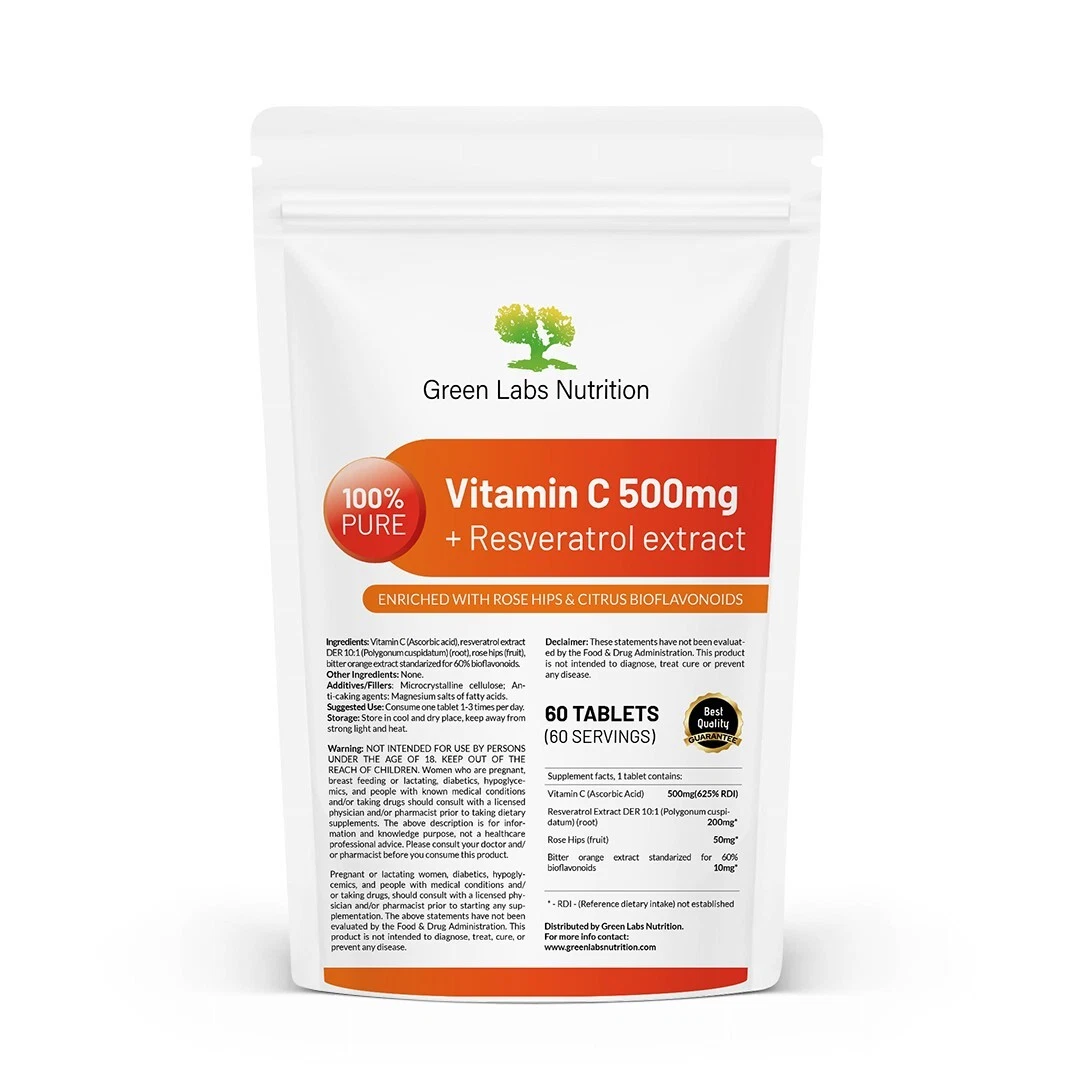 Vitamin C 500mg + Resveratrol, Rose Hips & Bioflavonoids Tablets – Healthy Aging