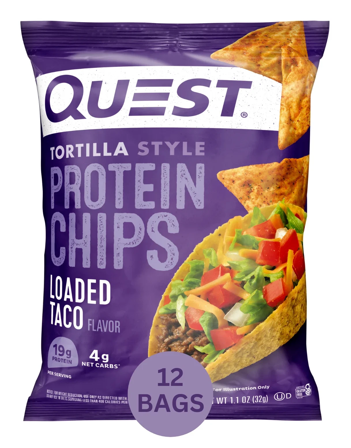 Quest Tortilla Protein Chips Loaded Taco 1.1oz Bags, 12 Count Gluten Free