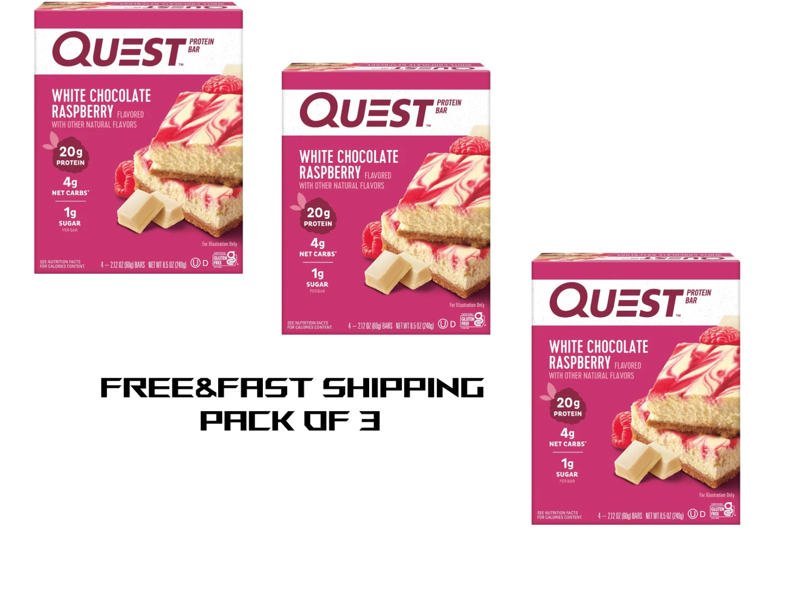 Quest Protein Bar, White Chocolate Raspberry 20g Protein 12 Ct 4g (Pack of 3)