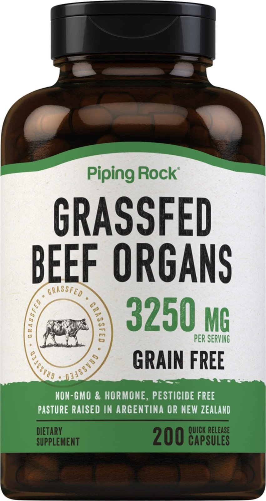 Grass Fed Beef Organs | 3250 mg (per serving) | 200 Capsules | by Piping Rock